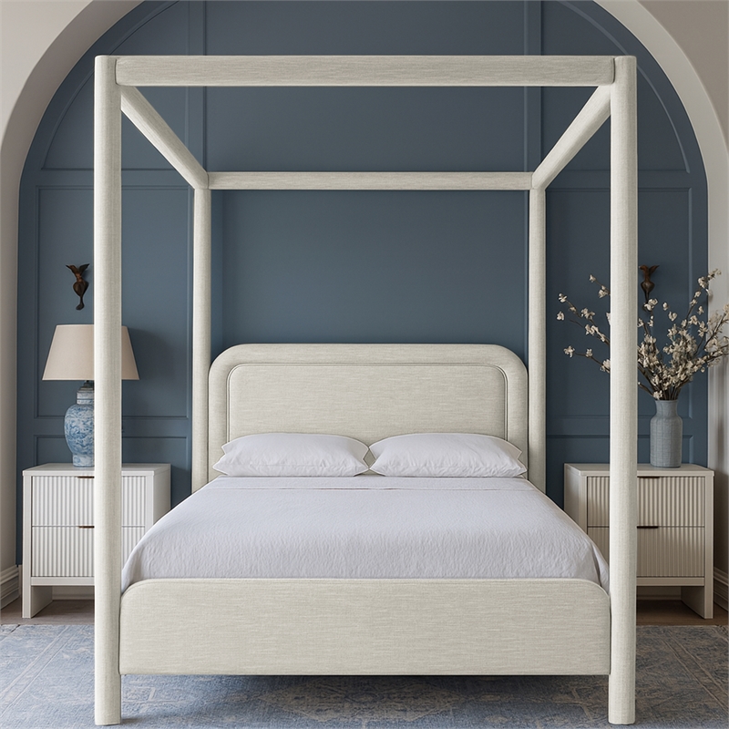 Bowery Hill Contemporary Cream Linen Textured Fabric Upholstered King Bed