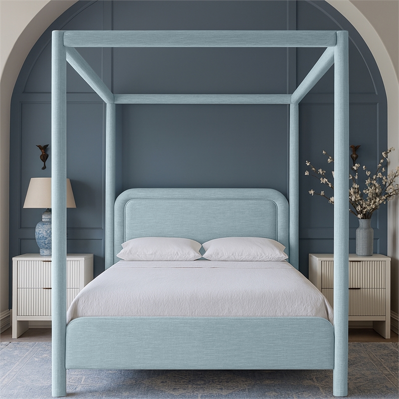 Bowery Hill Contemporary Light Blue Linen Textured Fabric Upholstered King Bed