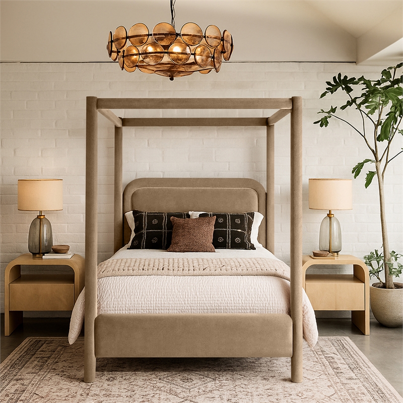 Bowery Hill Contemporary Beige Velvet Upholstered Full Canopy Bed