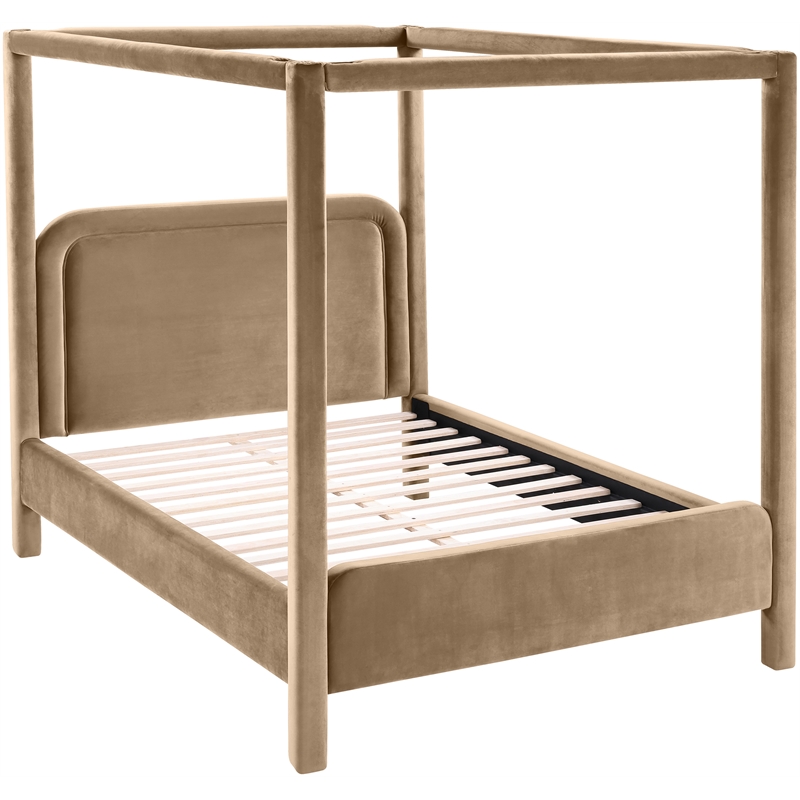 Bowery Hill Contemporary Beige Velvet Upholstered King Canopy Bed