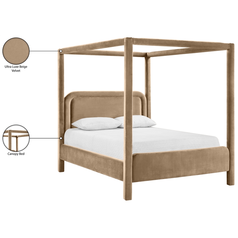 Bowery Hill Contemporary Beige Velvet Upholstered Queen Canopy Bed