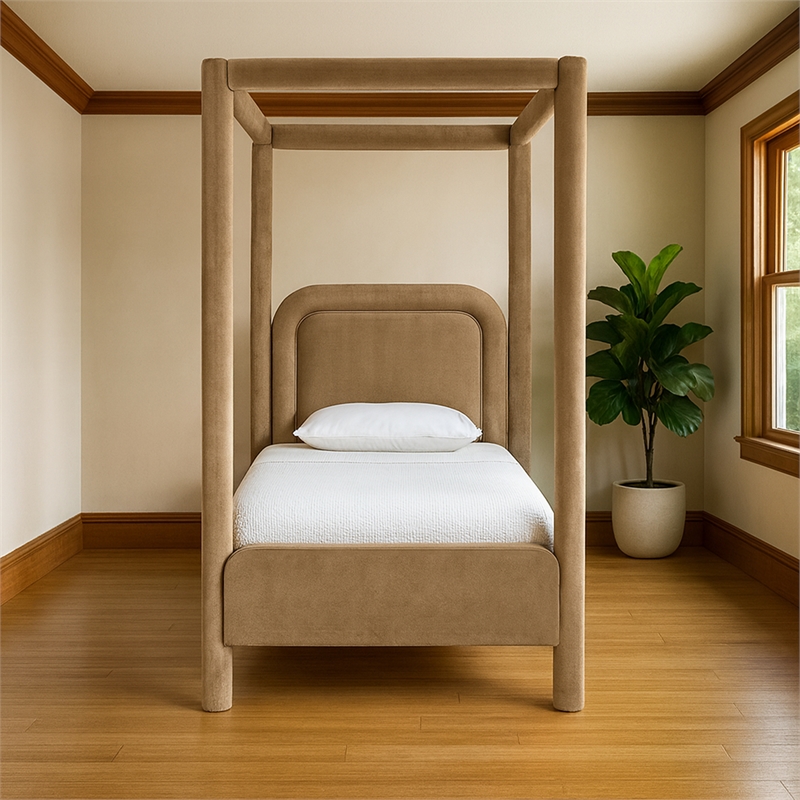 Bowery Hill Contemporary Beige Velvet Upholstered Twin Canopy Bed