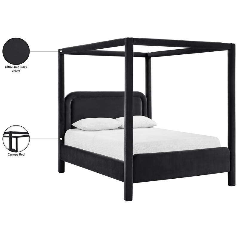 Bowery Hill Contemporary Black Velvet Upholstered King Canopy Bed