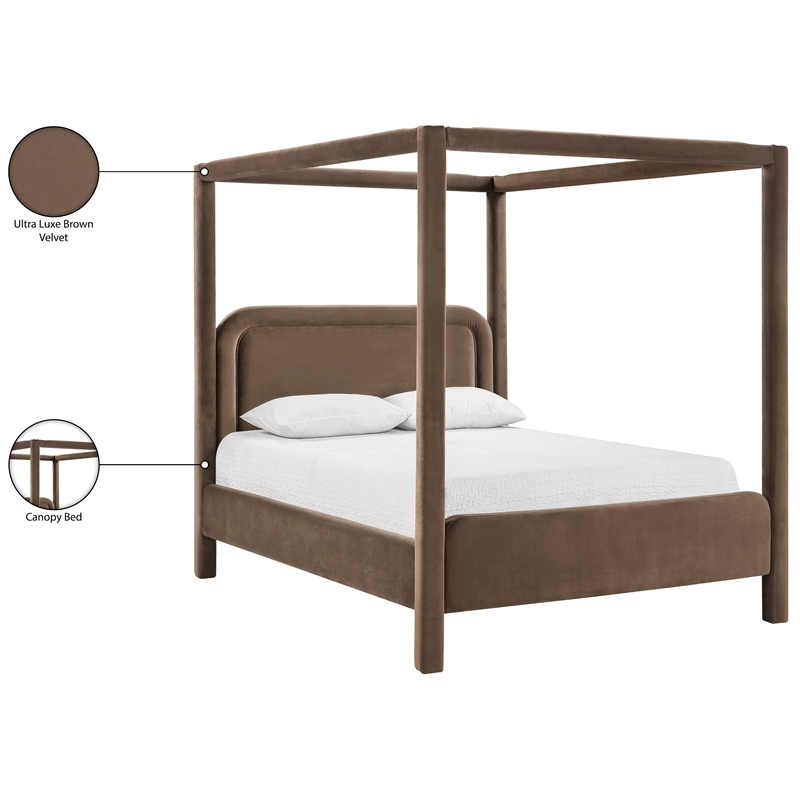 Bowery Hill Contemporary Brown Velvet Upholstered King Canopy Bed
