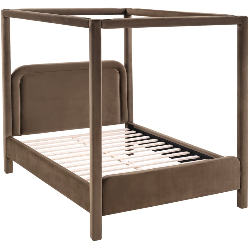 Bowery Hill Contemporary Brown Velvet Upholstered Queen Canopy Bed