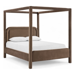 Bowery Hill Contemporary Brown Velvet Upholstered Queen Canopy Bed