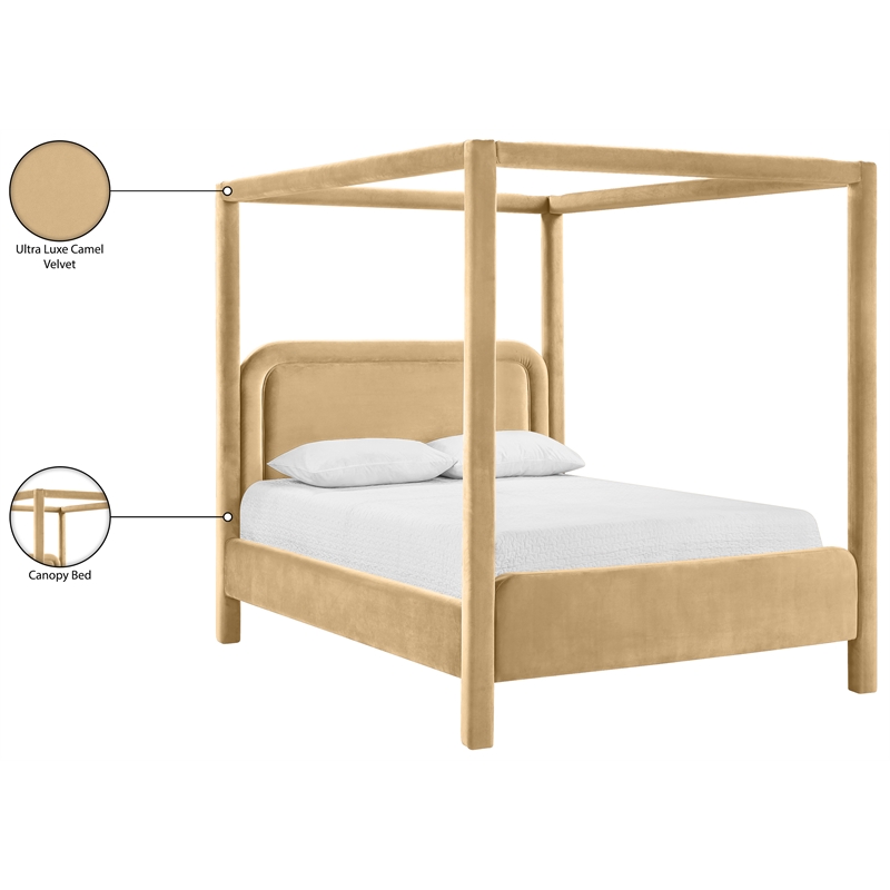 Bowery Hill Contemporary Camel Velvet Upholstered Full Canopy Bed