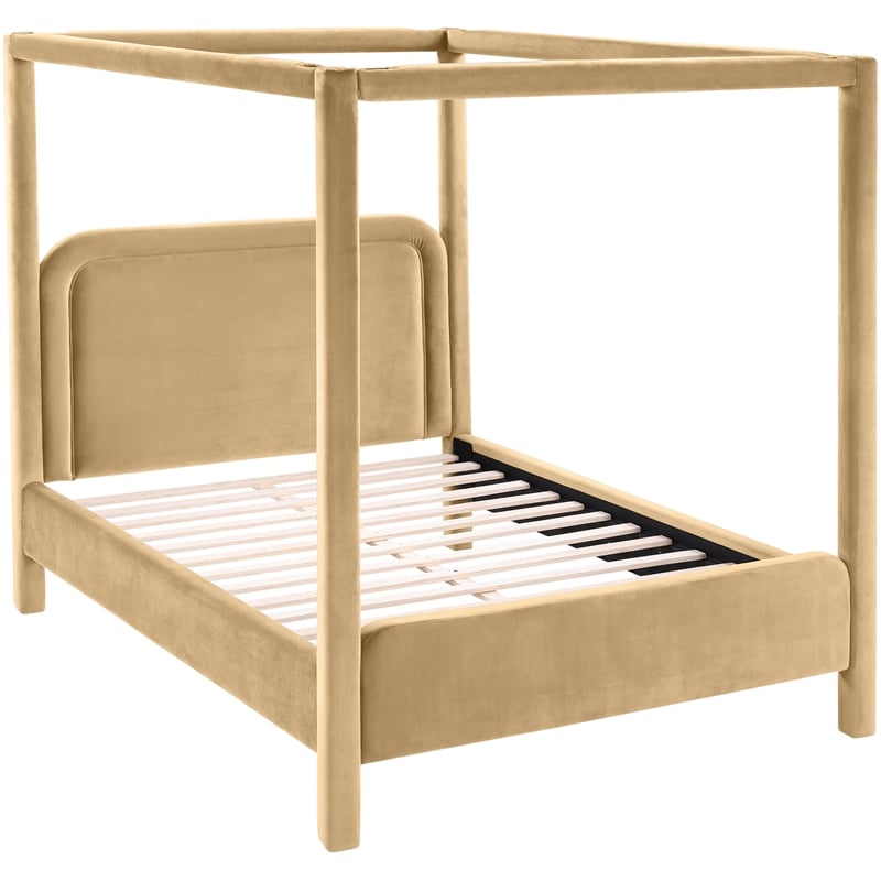 Bowery Hill Contemporary Camel Velvet Upholstered Full Canopy Bed