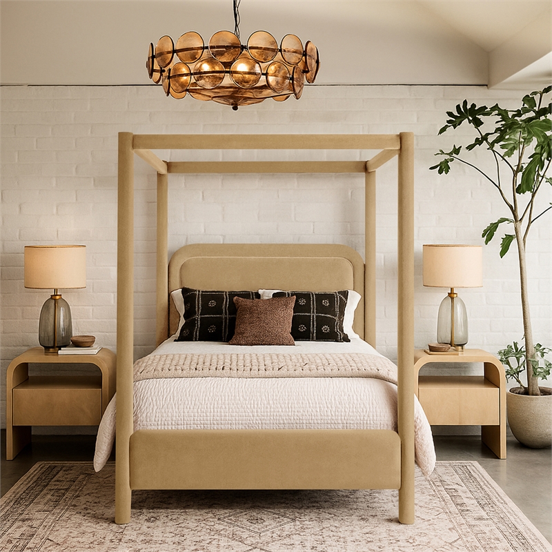 Bowery Hill Contemporary Camel Velvet Upholstered Queen Canopy Bed