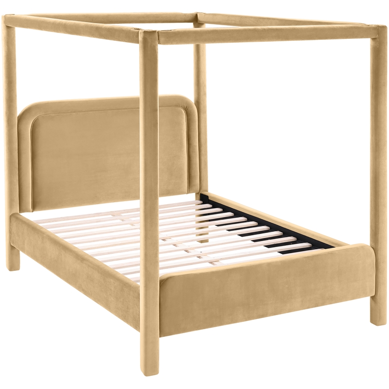 Bowery Hill Contemporary Camel Velvet Upholstered Queen Canopy Bed