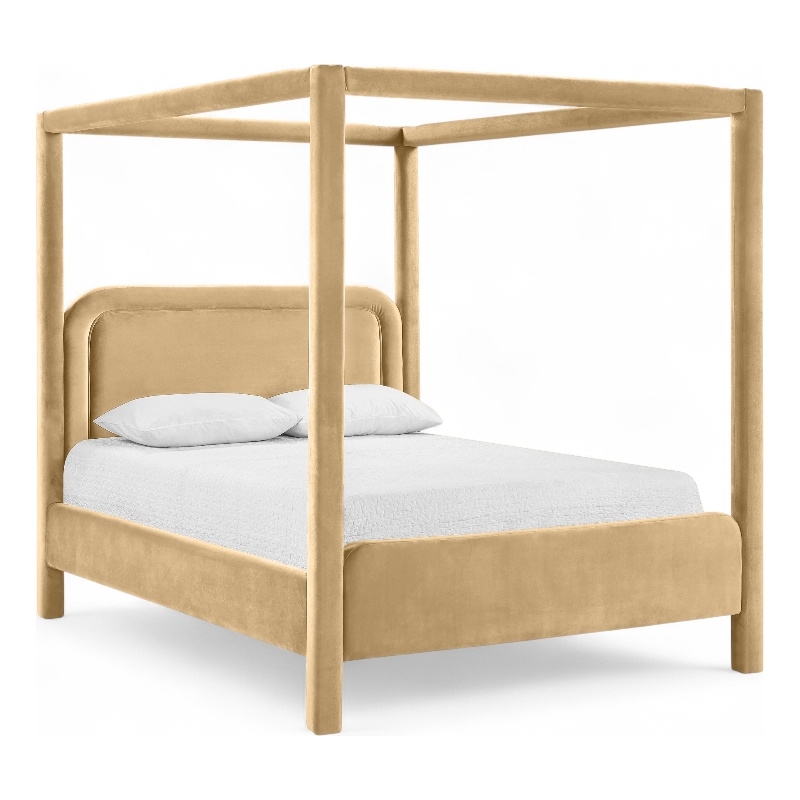 Bowery Hill Contemporary Camel Velvet Upholstered Queen Canopy Bed