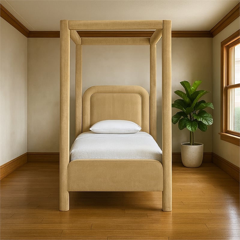 Bowery Hill Contemporary Camel Velvet Upholstered Twin Canopy Bed