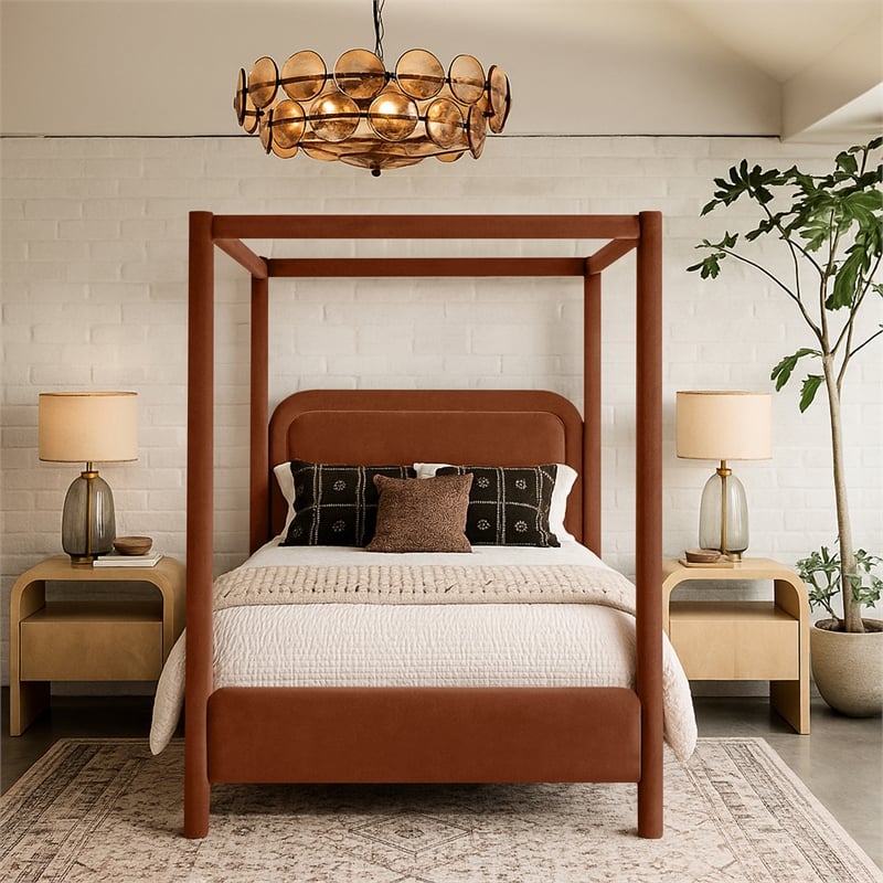 Bowery Hill Contemporary Cognac Velvet Upholstered King Canopy Bed