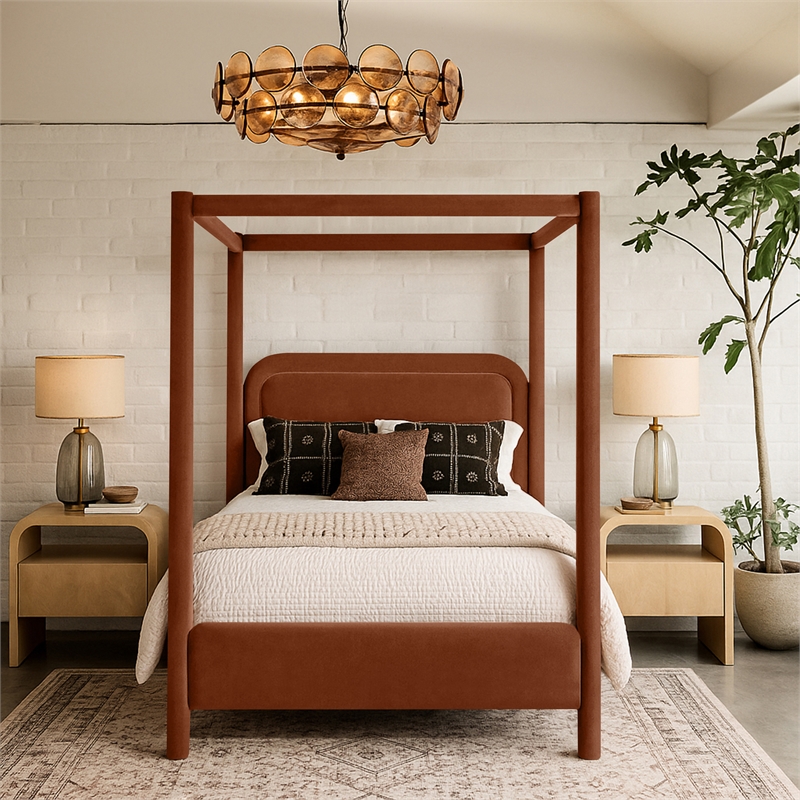 Bowery Hill Contemporary Cognac Velvet Upholstered Queen Bed