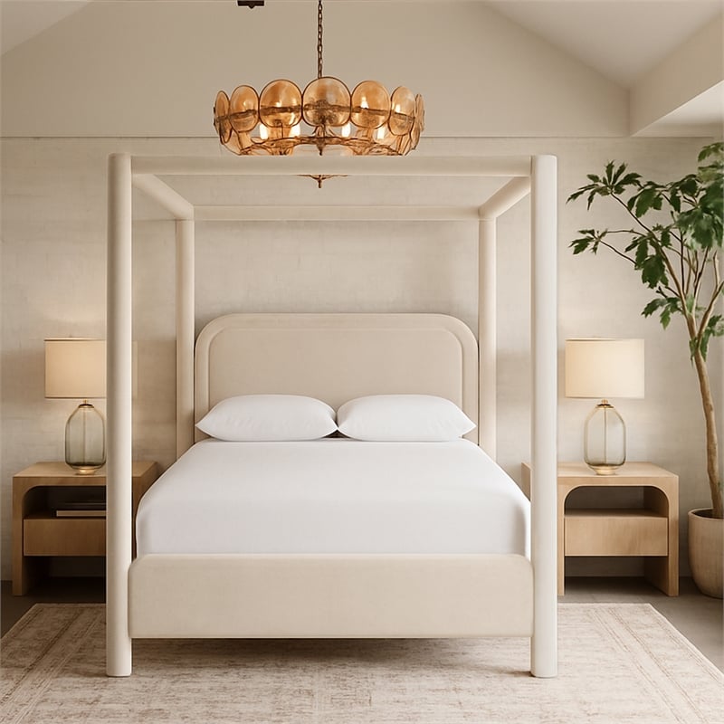 Bowery Hill Contemporary Cream Velvet Upholstered Full Canopy Bed