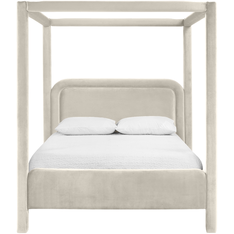 Bowery Hill Contemporary Cream Velvet Upholstered King Canopy Bed