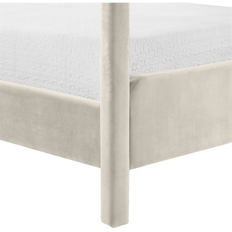 Bowery Hill Contemporary Cream Velvet Upholstered King Canopy Bed