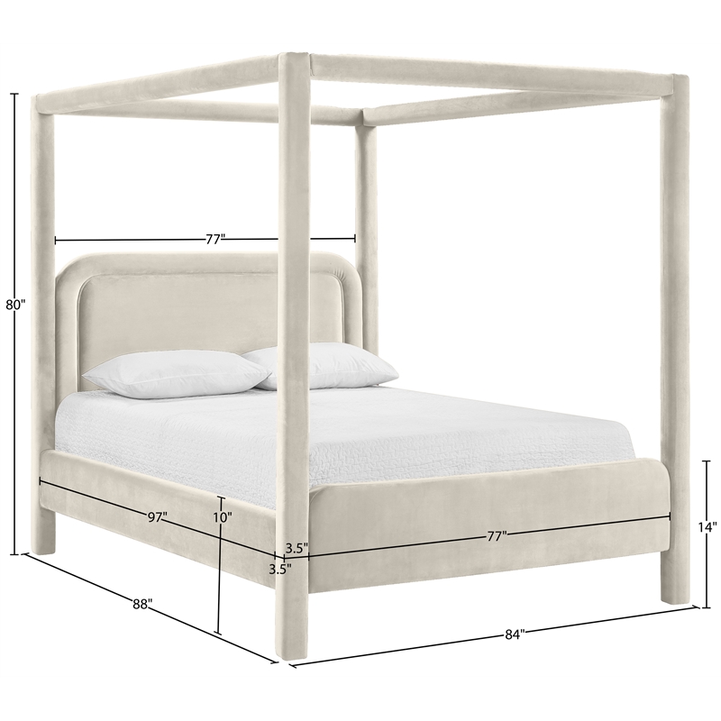 Bowery Hill Contemporary Cream Velvet Upholstered King Canopy Bed