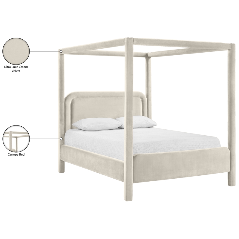 Bowery Hill Contemporary Cream Velvet Upholstered Queen Canopy Bed