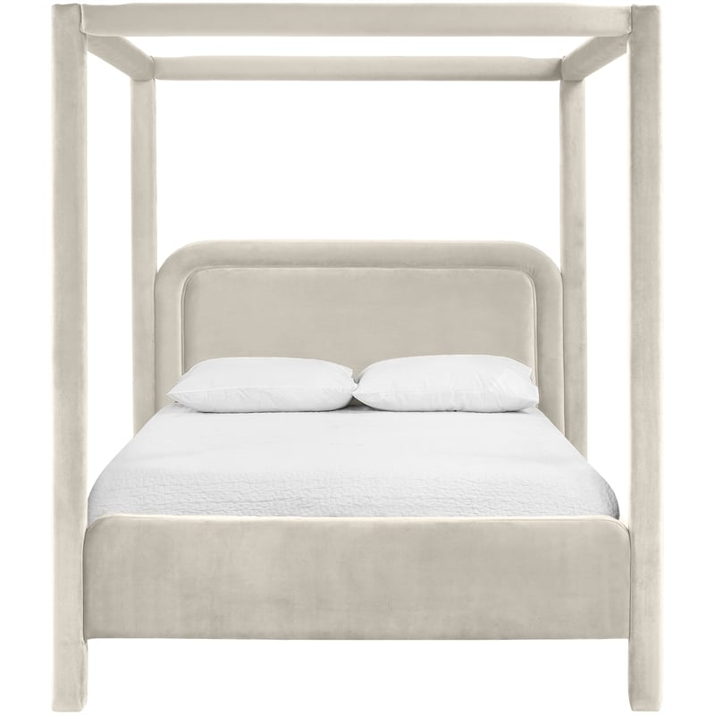 Bowery Hill Contemporary Cream Velvet Upholstered Queen Canopy Bed