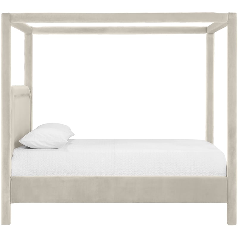 Bowery Hill Contemporary Cream Velvet Upholstered Queen Canopy Bed