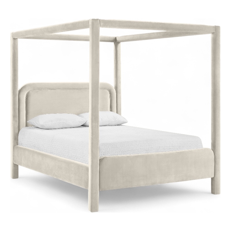 Bowery Hill Contemporary Cream Velvet Upholstered Queen Canopy Bed