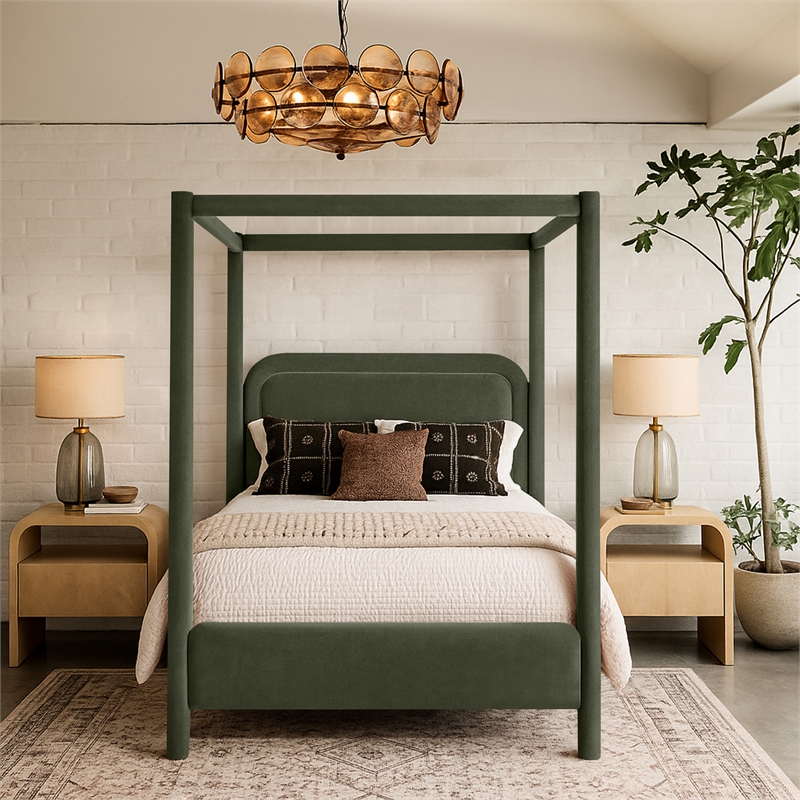 Bowery Hill Contemporary Green Velvet Upholstered King Canopy Bed