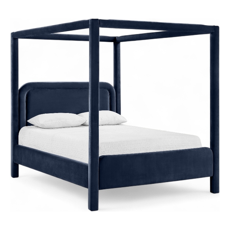 Bowery Hill Contemporary Navy Velvet Upholstered King Canopy Bed