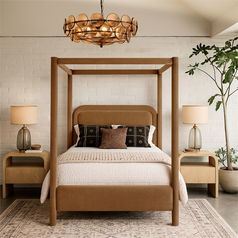 Bowery Hill Contemporary Saddle Velvet Upholstered Full Canopy Bed