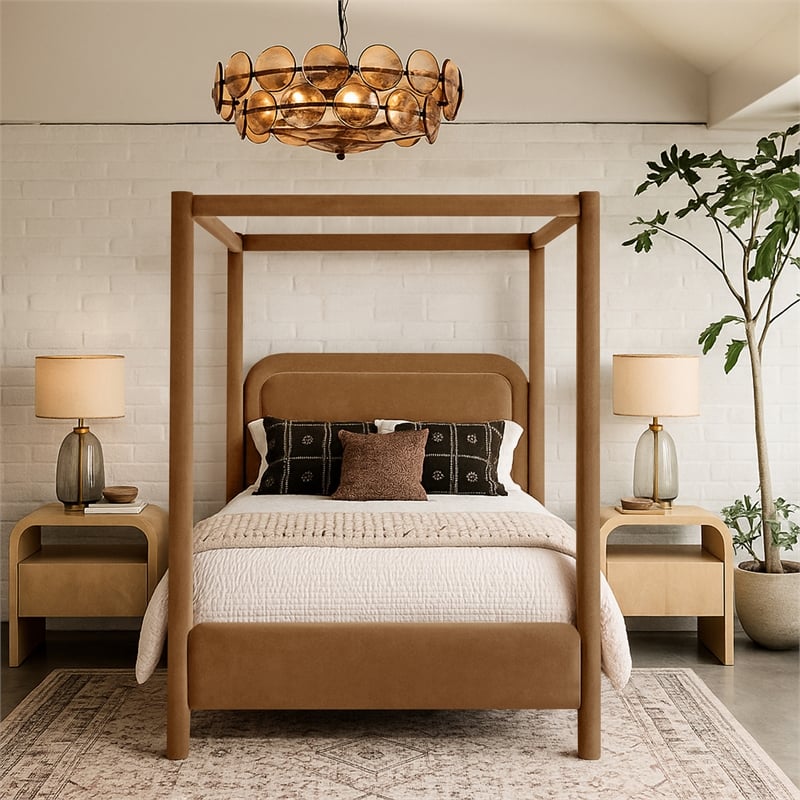Bowery Hill Contemporary Saddle Velvet Upholstered King Canopy Bed