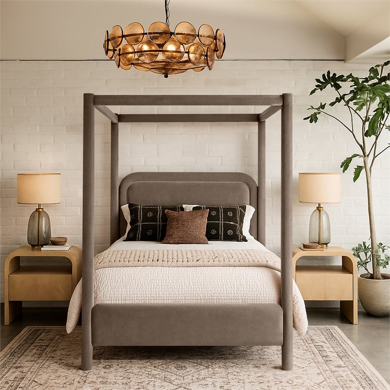 Bowery Hill Contemporary Taupe Velvet Upholstered Full Canopy Bed