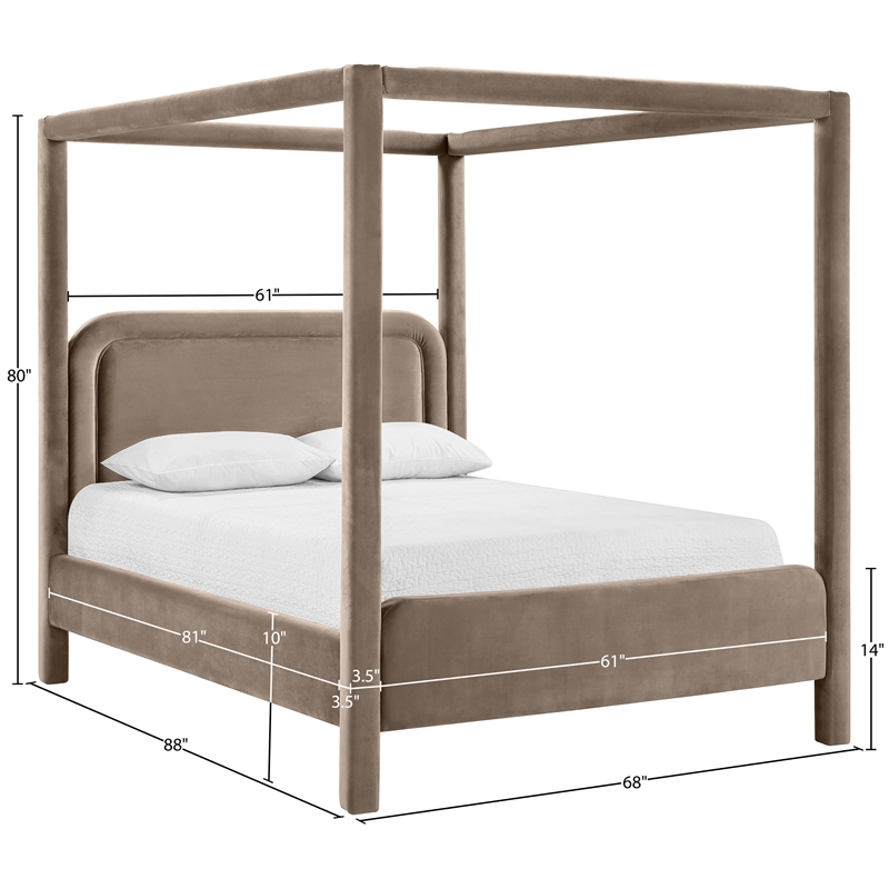 Bowery Hill Contemporary Taupe Velvet Upholstered Queen Canopy Bed