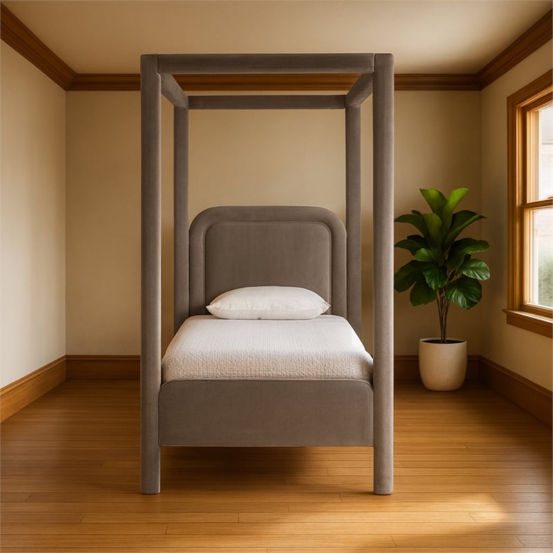 Bowery Hill Contemporary Taupe Velvet Upholstered Twin Canopy Bed