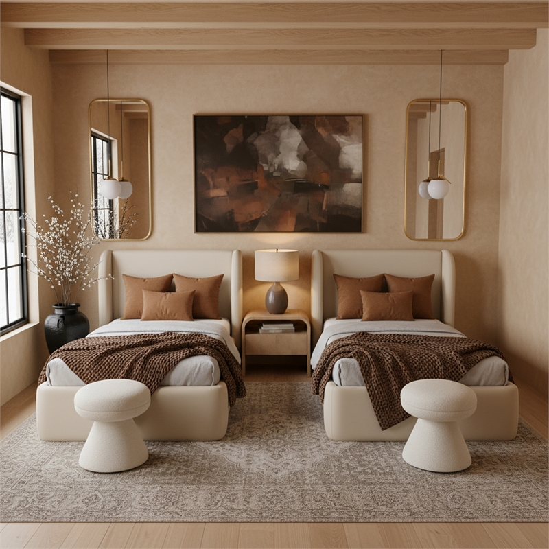 Bowery Hill Contemporary Beige Vegan Leather Upholstered Twin Bed
