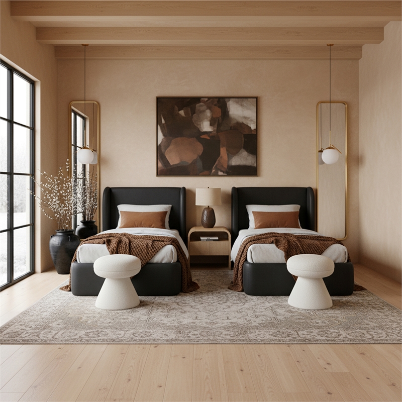 Bowery Hill Contemporary Black Vegan Leather Upholstered Twin Bed