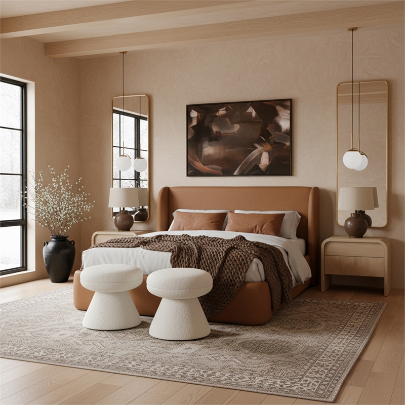 Bowery Hill Contemporary Cognac Vegan Leather Upholstered Full Bed