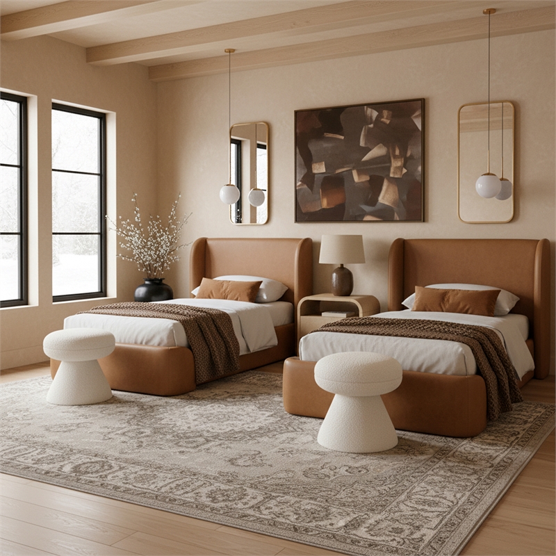 Bowery Hill Contemporary Cognac Vegan Leather Upholstered Twin Bed