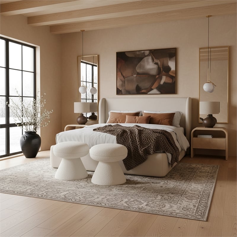 Bowery Hill Contemporary Cream Vegan Leather Upholstered Queen Bed