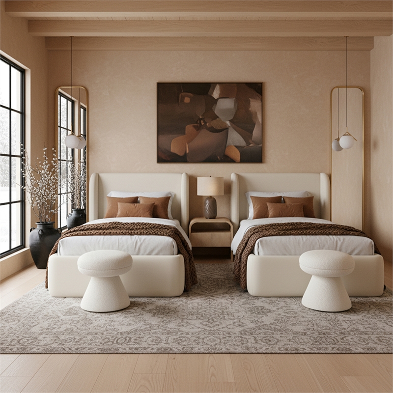 Bowery Hill Contemporary Cream Vegan Leather Upholstered Twin Bed