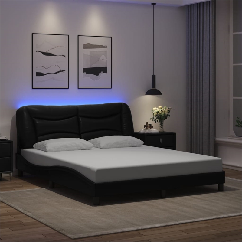 Bowery Hill Engineered Wood Faux Leather Queen Bed Frame in Black