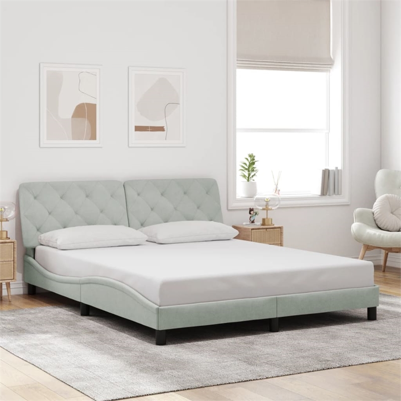 Bowery Hill Contemporary Queen Velvet Bed Frame in Light Grey
