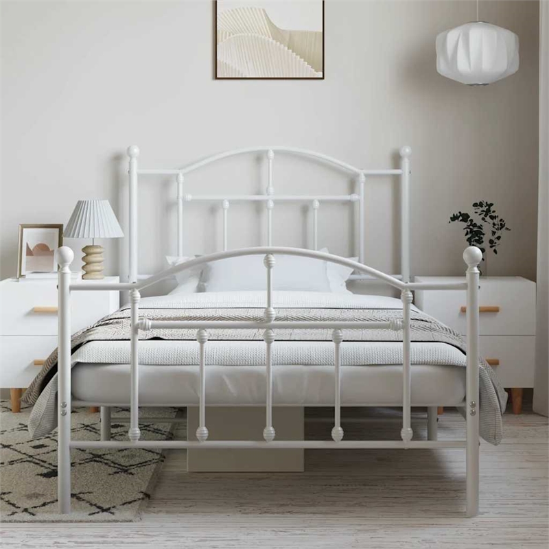 Bowery Hill Rectangular Powder-Coated Steel Twin Bed Frame in White