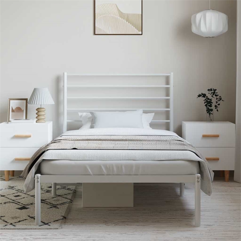 Bowery Hill Powder-Coated Steel Single Traditional Durable Bed Frame in White