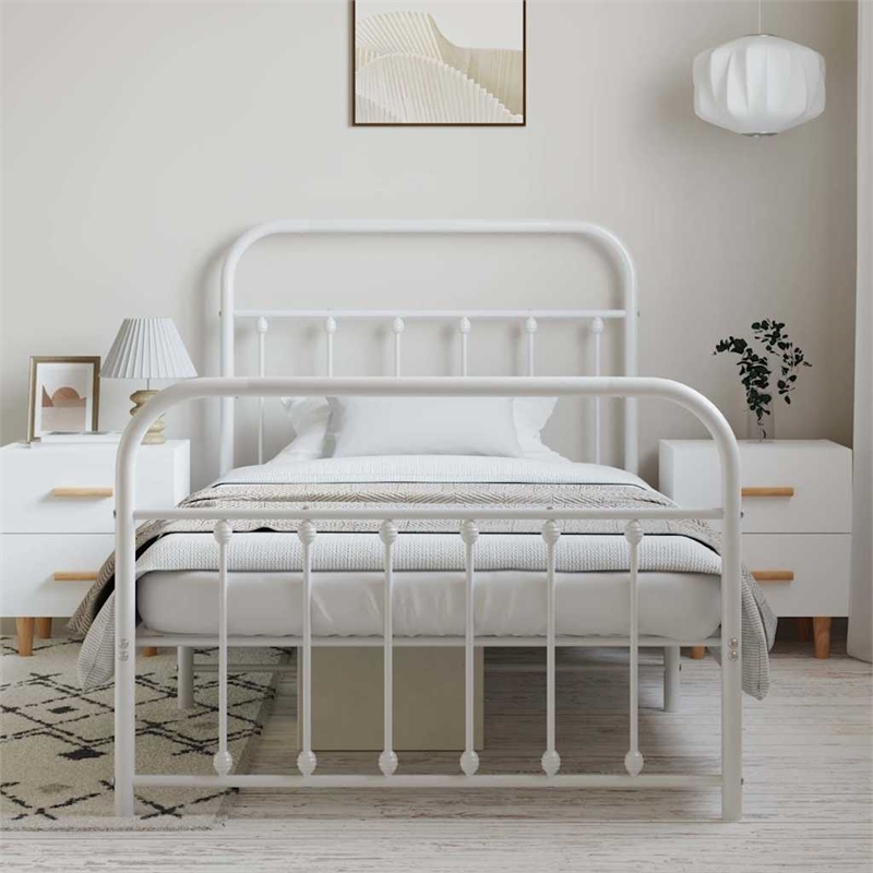 Bowery Hill Contemporary Powder-Coated Steel Single Bed Frame in White