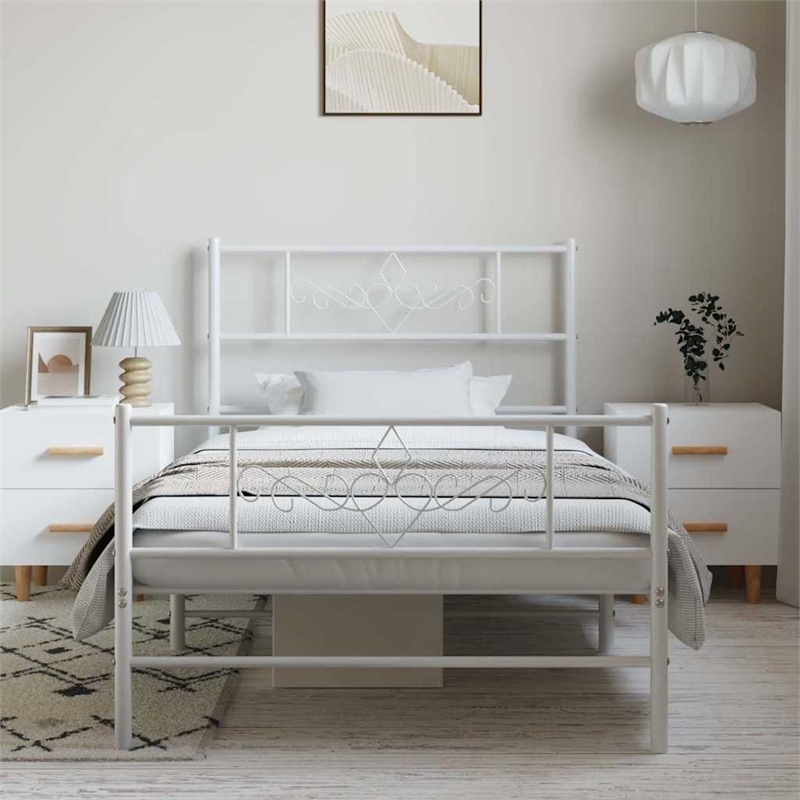 Bowery Hill Contemporary Rectangular Steel Single Bed Frame in White