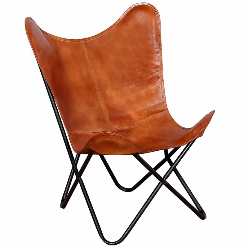 Bowery Hill Contemporary Real leather Butterfly Chair in Brown