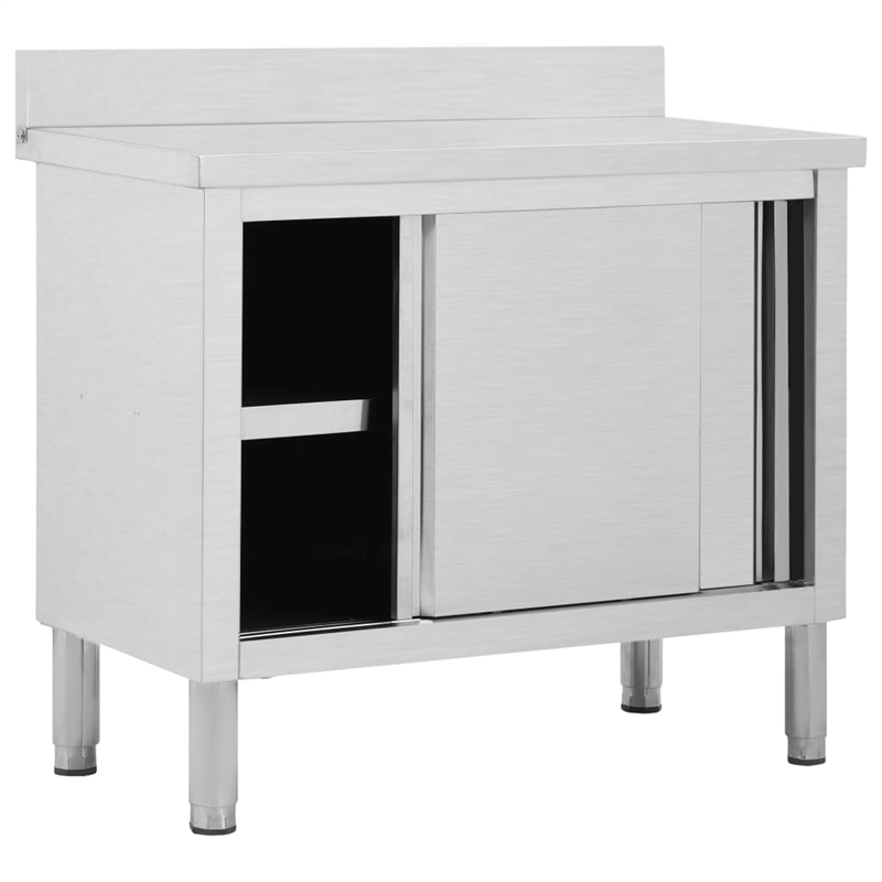 Bowery Hill Stainless Steel Work Table with Sliding Doors in White