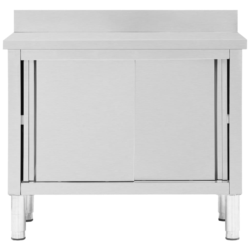Bowery Hill Stainless Steel Work Table with Sliding Doors in White