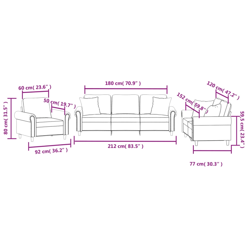 Bowery Hill Large Metal Sofa Set in Light Gray Polyester Velvet
