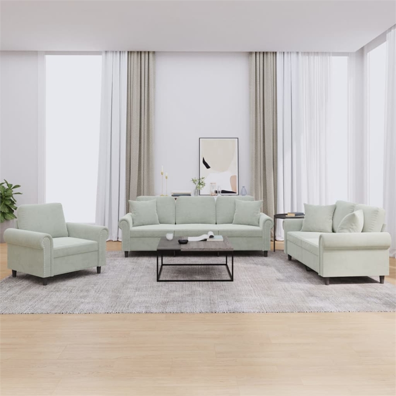 Bowery Hill Large Metal Sofa Set in Light Gray Polyester Velvet